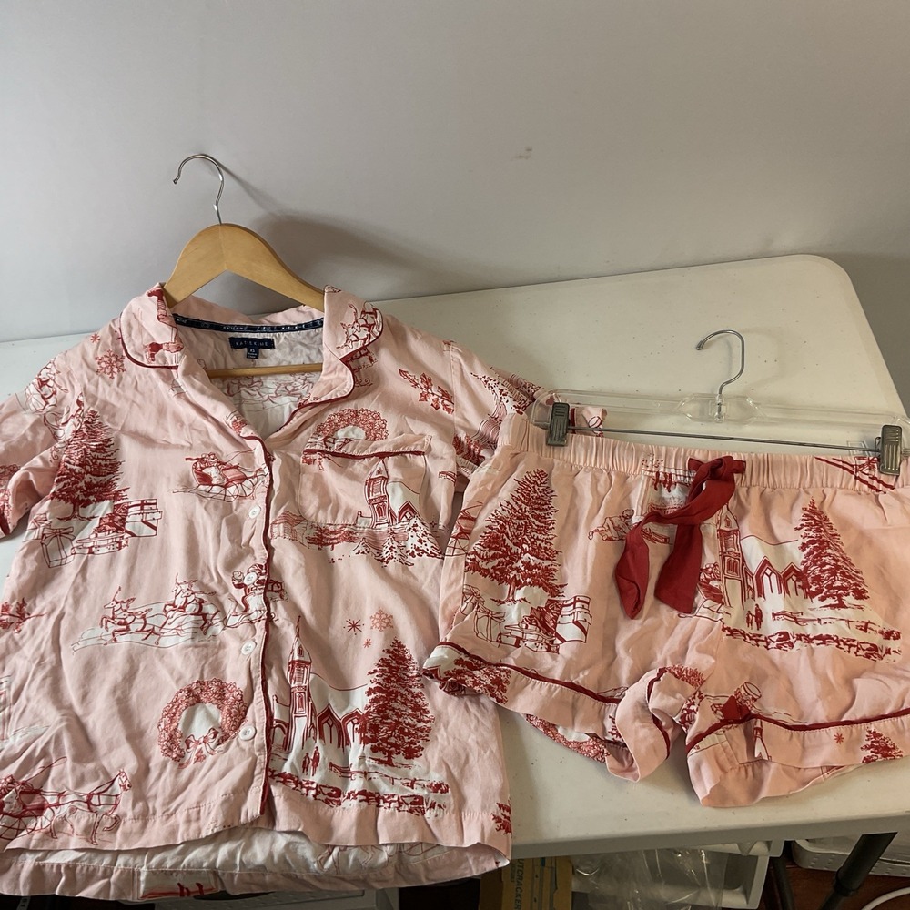 Katie‎ Kime Sz XS Pink Holiday Toile Christmas Scene 2 Piece Pajamas Pant Set